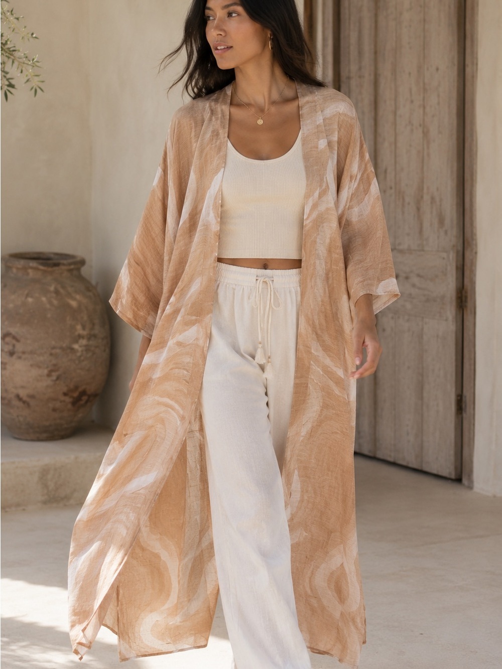 Vela Modal Linen Kimono Duster Beige L/XL Boho Resort Lagenlook Cover Up Summer